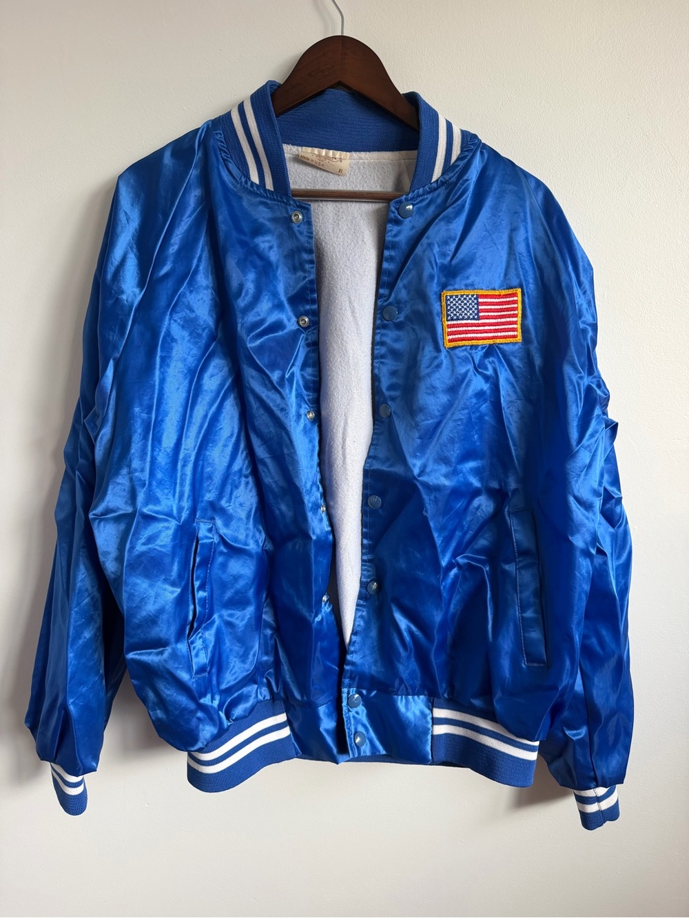 Blue Satin Bomber Jacket with Flag Patch